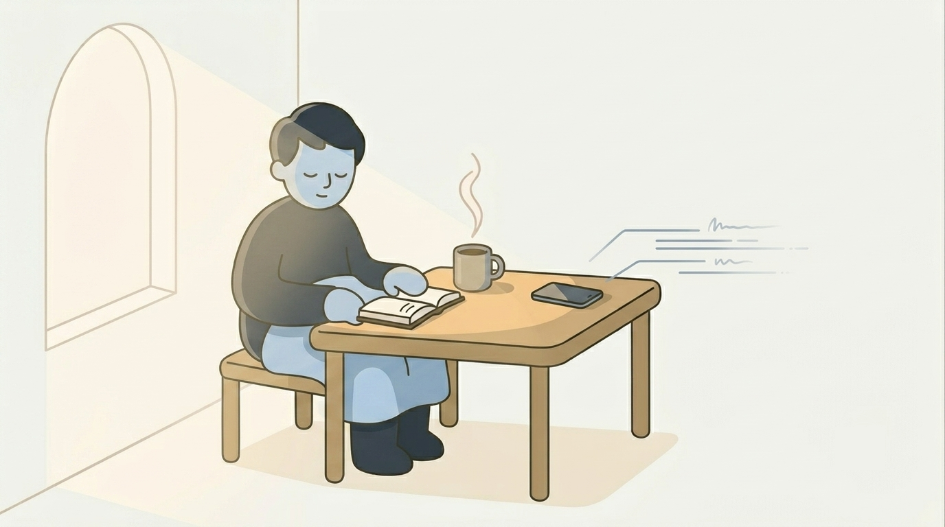 An illustration of an open Bible and a steaming mug on a small table by a window at dawn, phone left face-down to the side