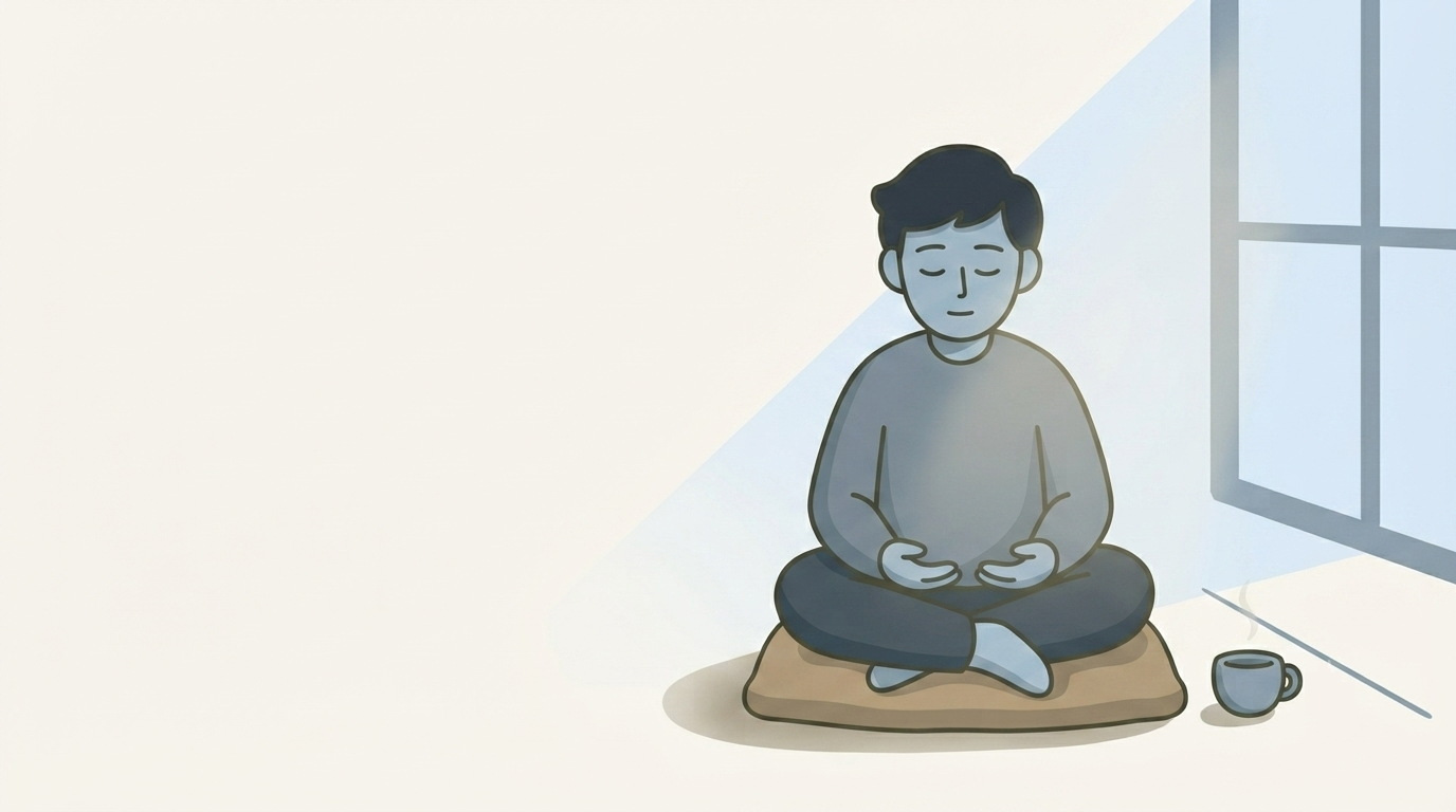 An illustration of a person sitting quietly by a window in soft morning light, hands resting open, waiting without hurry