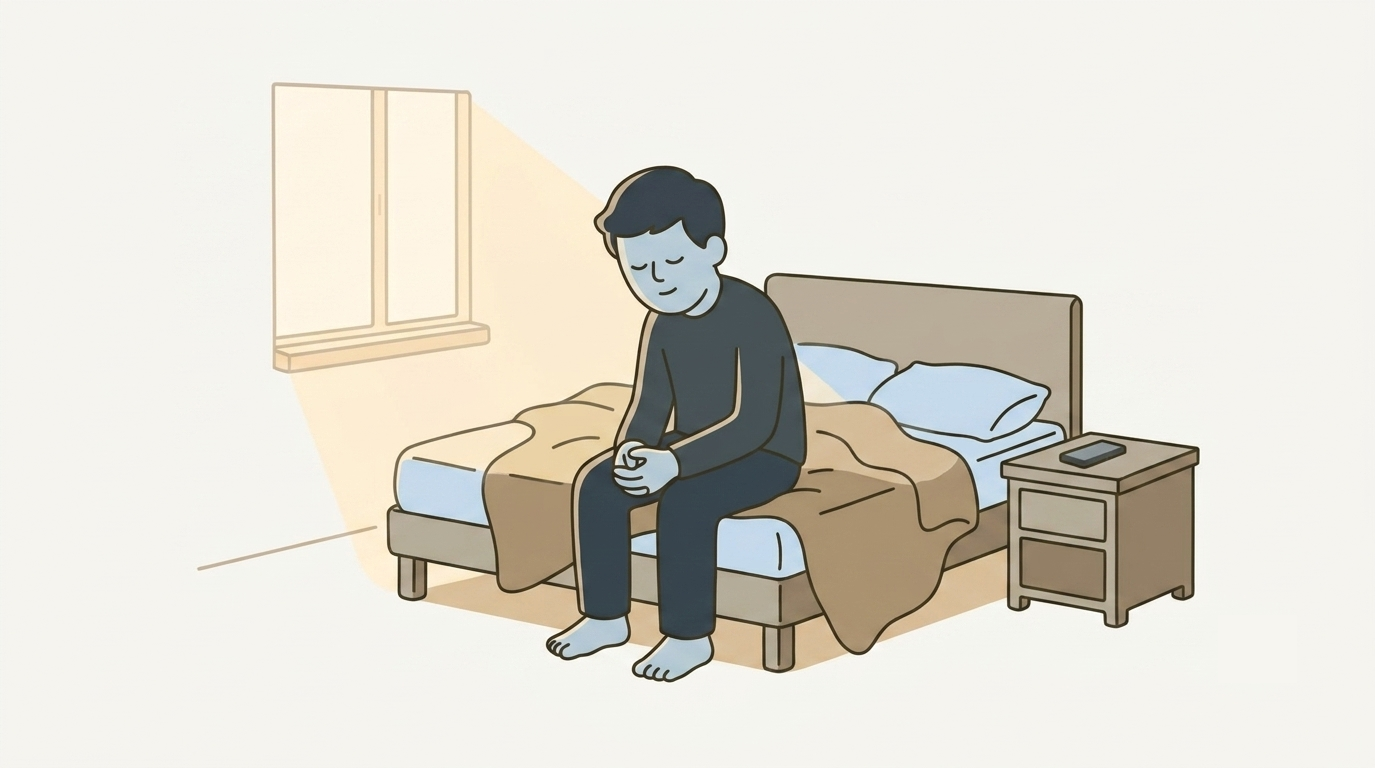 早朝の光の中、ベッドの端に腰かけ、頭を垂れて静かに急がず祈る人物のイラスト