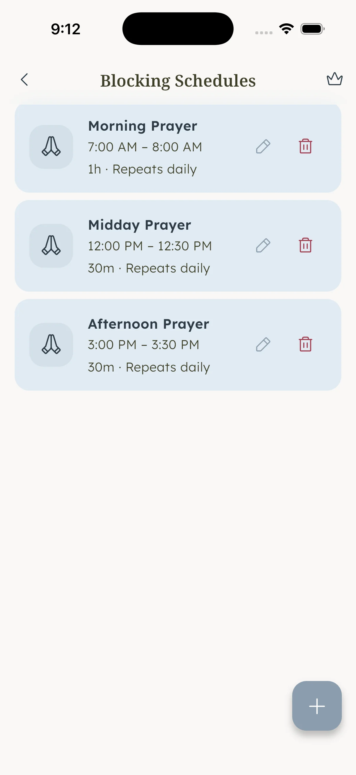 Sacred Hour's default blocking windows screen showing Morning Prayer, Midday, and Evening Prayer already configured, with options to adjust times and pause a window for the day