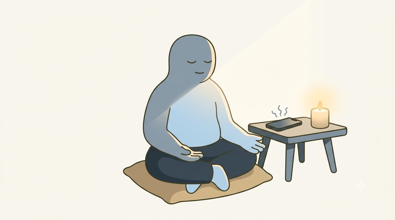 An illustration of a person sitting cross-legged in quiet prayer, phone set aside on a table beside a lit candle