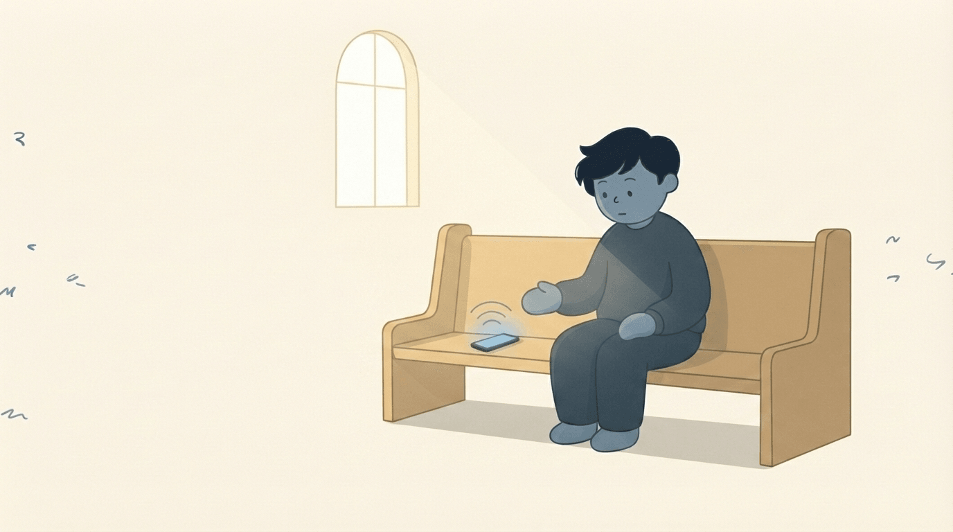 An illustration of a phone lying flat on a wooden pew recording a sermon, with sound waves spreading across a busy church sanctuary