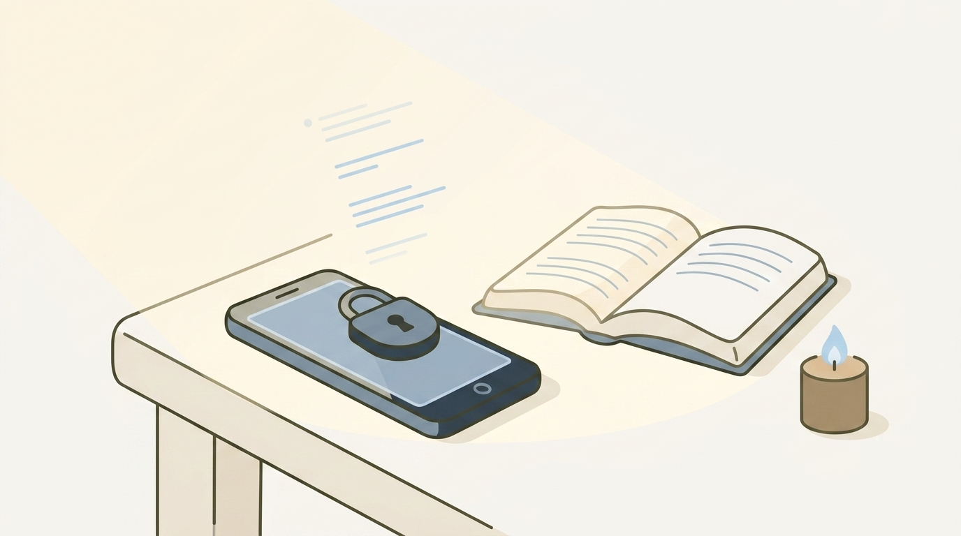 An illustration of a phone with a gentle lock symbol over its app icons, sitting beside an open Bible during a quiet morning prayer window