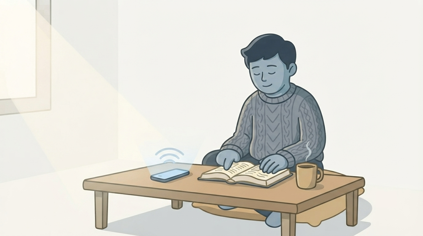 An illustration of a person sitting with an open Bible and a phone, thoughtfully weighing a question rather than rushing to an answer
