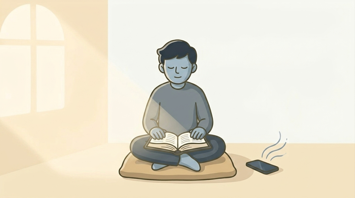 Illustrazione di una persona che legge una Bibbia aperta in una pozza di luce mattutina, con il telefono a faccia in giù e attenuato sul tavolo accanto