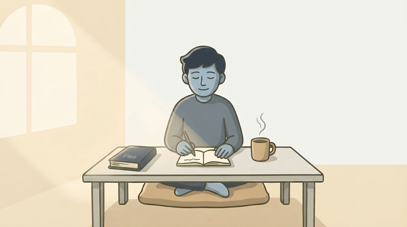 月曜の朝、台所のテーブルでコーヒーカップと開いたノートを前に、スマホに説教の短い振り返りを書き留める人物のイラスト