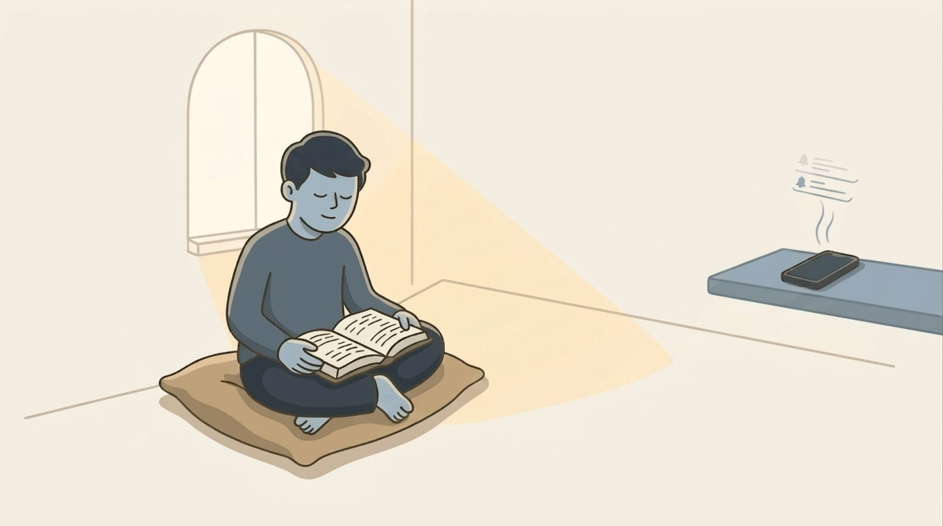 An illustration of an open Bible and a coffee mug on a table in morning light, with a phone face-down and out of reach on a shelf across the room