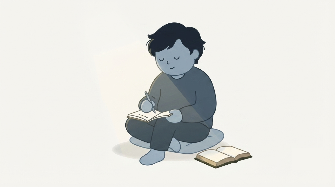 Otwarty notes z odręcznymi notatkami z kazania leżący na kolanach w kościelnej ławce, długopis w poprzek strony obok otwartej Biblii