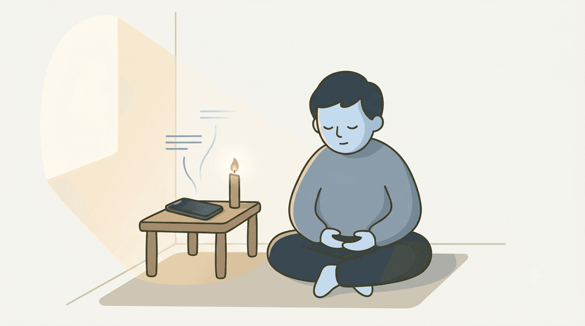 Illustrazione di una persona che finisce di pregare a un tavolo, con il telefono spento a faccia in giù accanto a una candela ancora accesa nella luce tenue del mattino