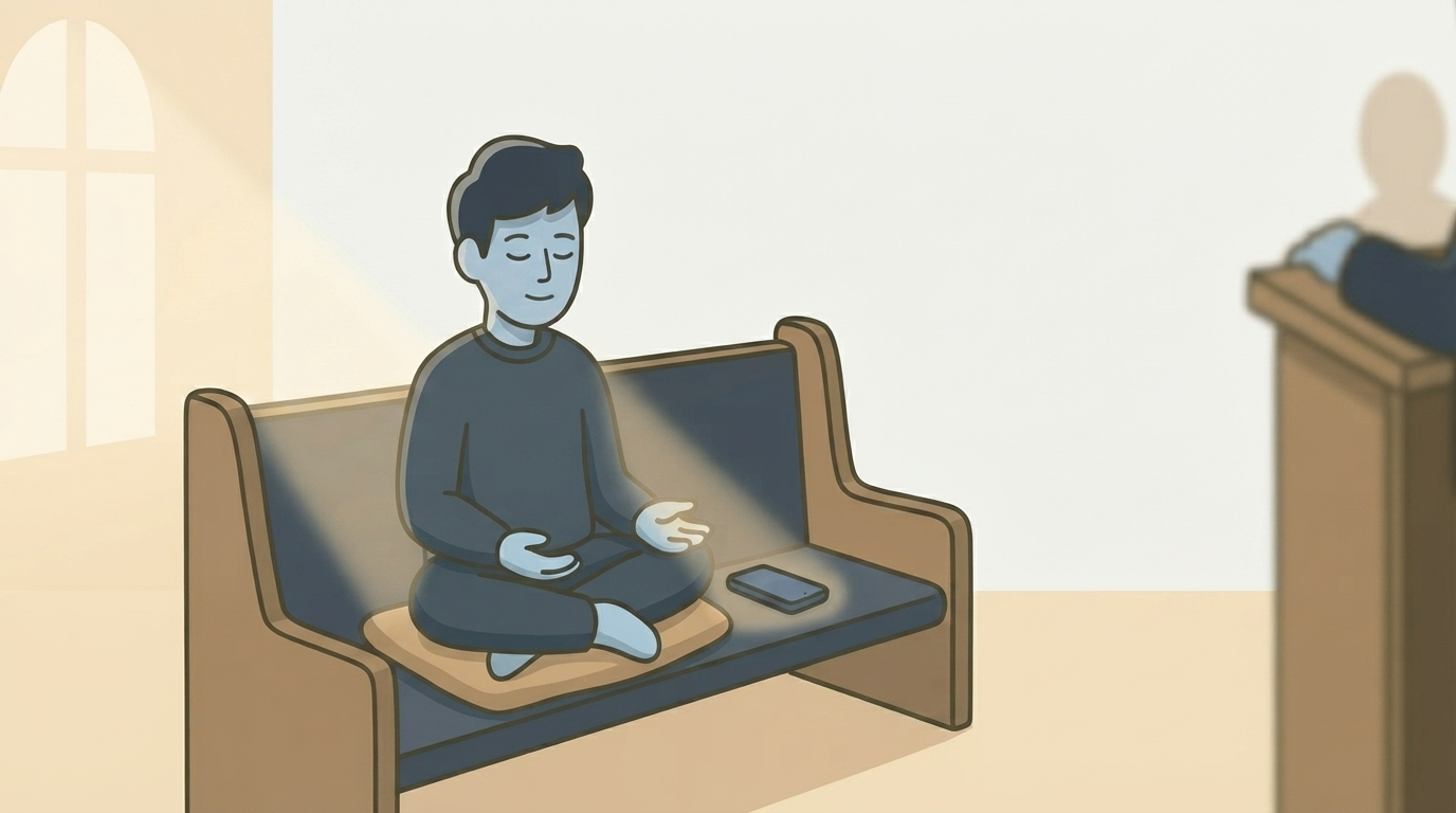 An illustration of a person in a church pew quietly setting a phone to record while the preacher speaks from the pulpit