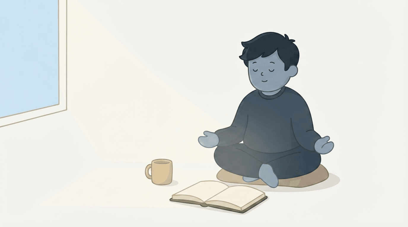 Ilustrație cu o persoană stând singură la o Biblie deschisă în zori, cu mâinile nemișcate și o cană de cafea rece alături, în lumină cenușiu-albăstruie