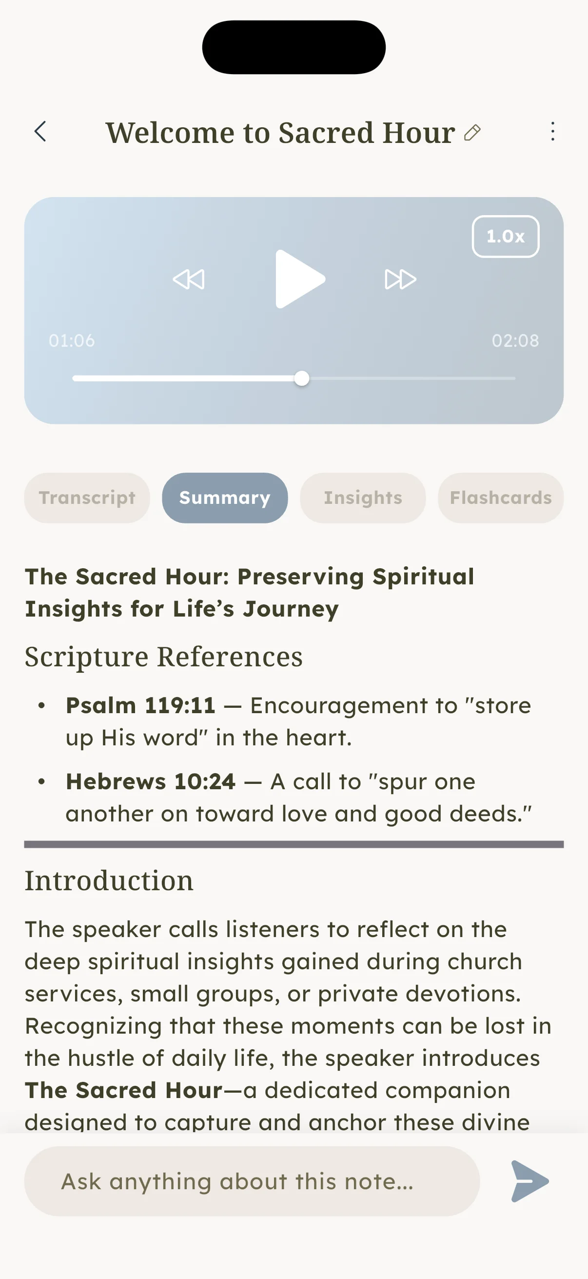 La schermata delle note del sermone di Sacred Hour con il lettore audio, le schede Transcript, Summary, Insights e Flashcards, e un riepilogo generato dall'IA con riferimenti biblici e un'introduzione