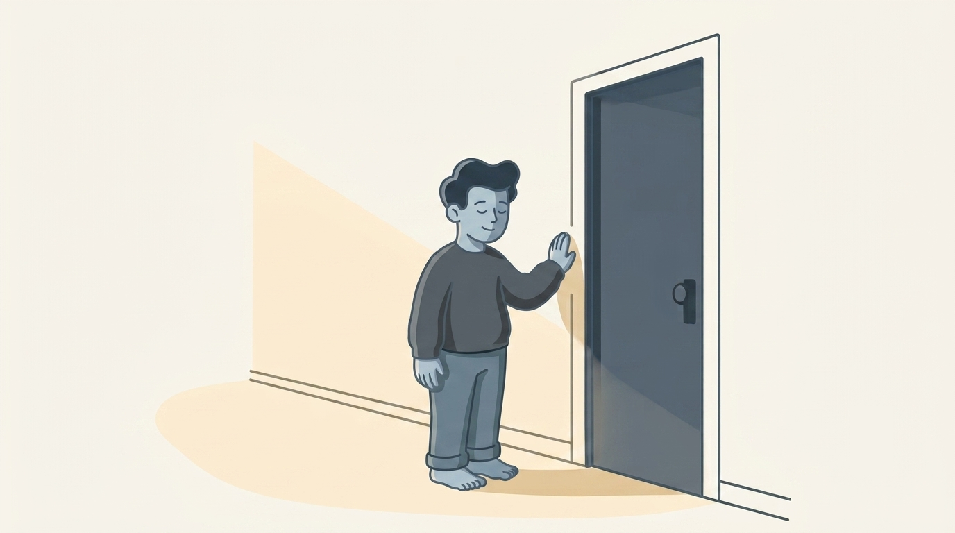 An illustration of a person pausing outside a closed office door, one hand on the wall, taking a quiet breath before a hard meeting