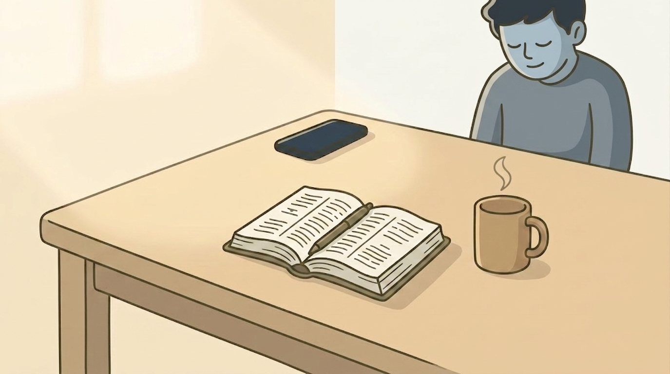 Illustrazione di una semplice postazione di tempo di silenzio su un tavolo — una Bibbia aperta, una penna e una tazza nella luce calda del mattino, il telefono messo da parte