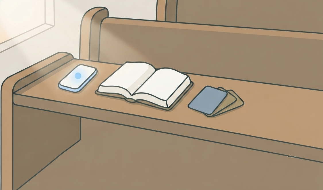 教会の長椅子に置かれた一台のスマホが説教を捉えているイラスト。隣には開いた聖書、その脇に小さな復習カードの束が置かれている