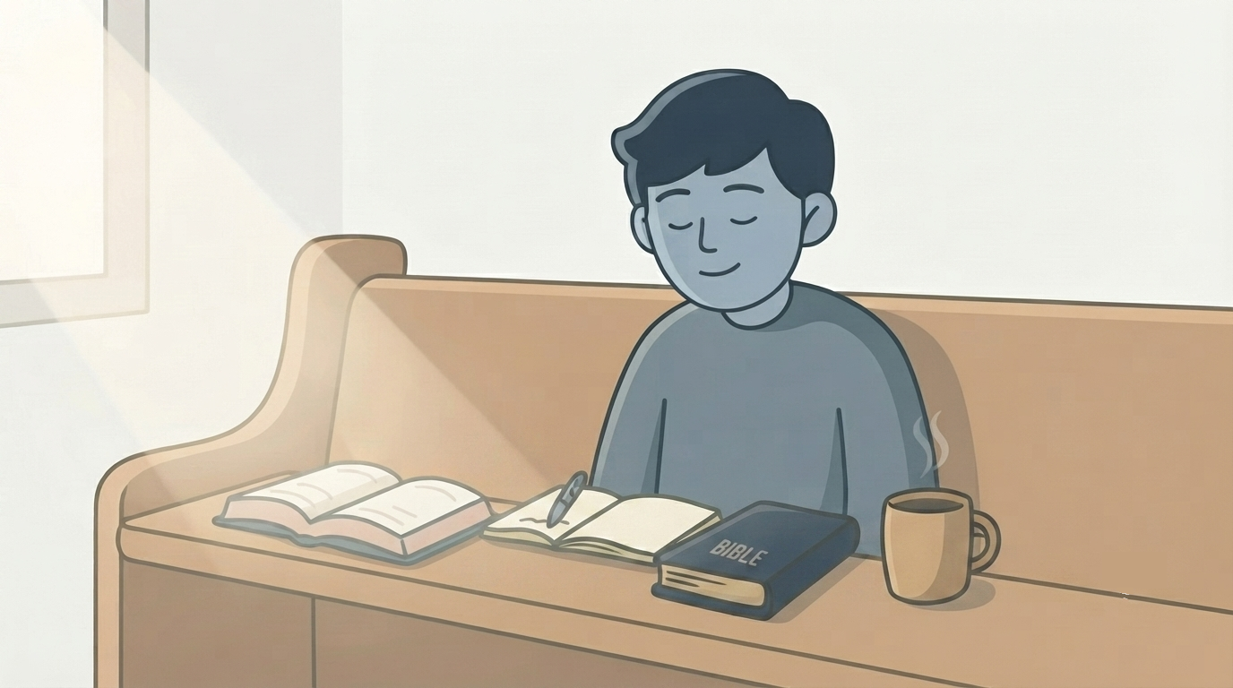 教会の長椅子に座った人物が録音を押すか迷っているイラスト。かたわらの開いた聖書の上にスマートフォンが置かれている