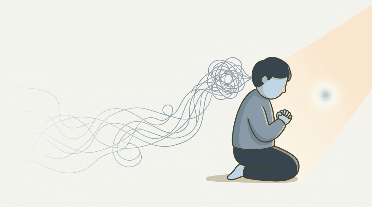 Eine Illustration einer Person, die kniend betet, mit verworrenen Linien wandernder Gedanken, die von ihrem Kopf ausgehen, während ein Lichtstrahl auf sie scheint