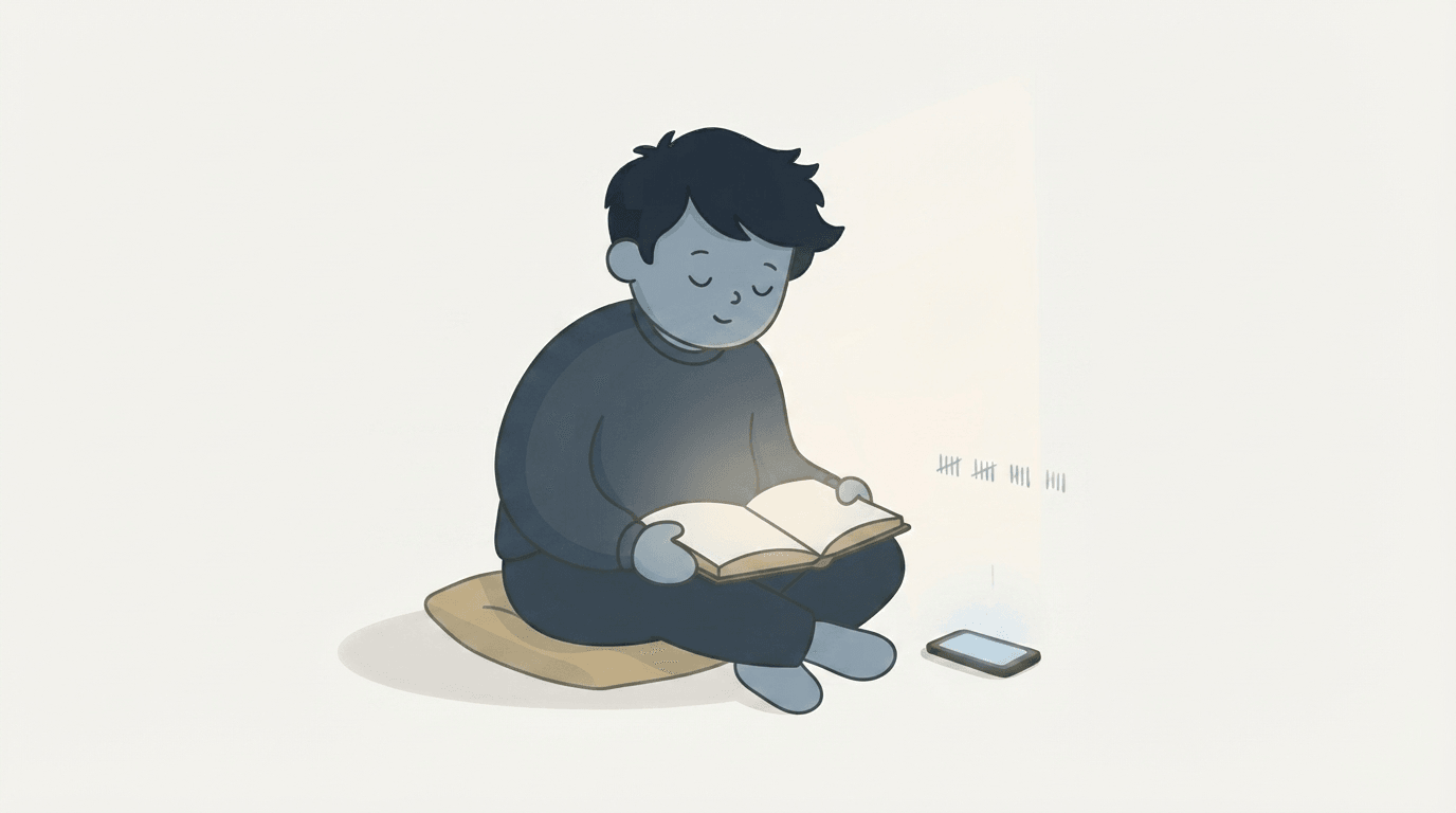Ilustrație cu un telefon pe noptieră care arată un îndemn blând la odihnă acolo unde era un contor de zile consecutive, lângă o Biblie deschisă