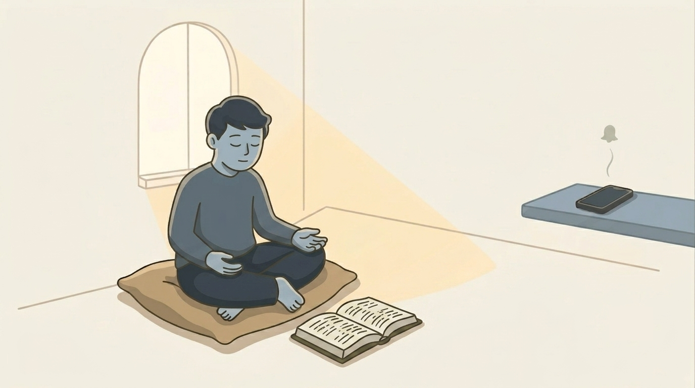 Illustration einer Person, die im sanften Morgenlicht still mit geschlossenen Augen vor einer aufgeschlagenen Bibel sitzt und vor dem Beten in Stille innehält