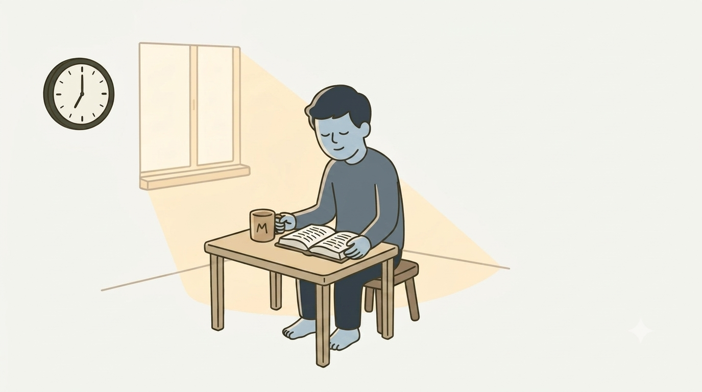 やわらかな朝の光の中、開いた聖書と時計を見つめ、いつ祈ろうかと考える人物のイラスト
