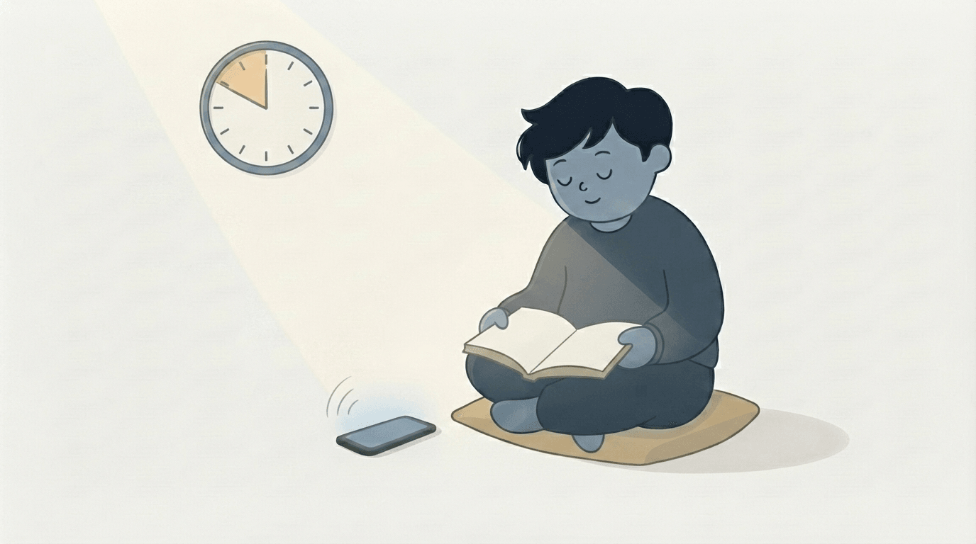 An illustration of a wall clock with one hour marked off in warm light, an open Bible and a face-down phone resting beneath it